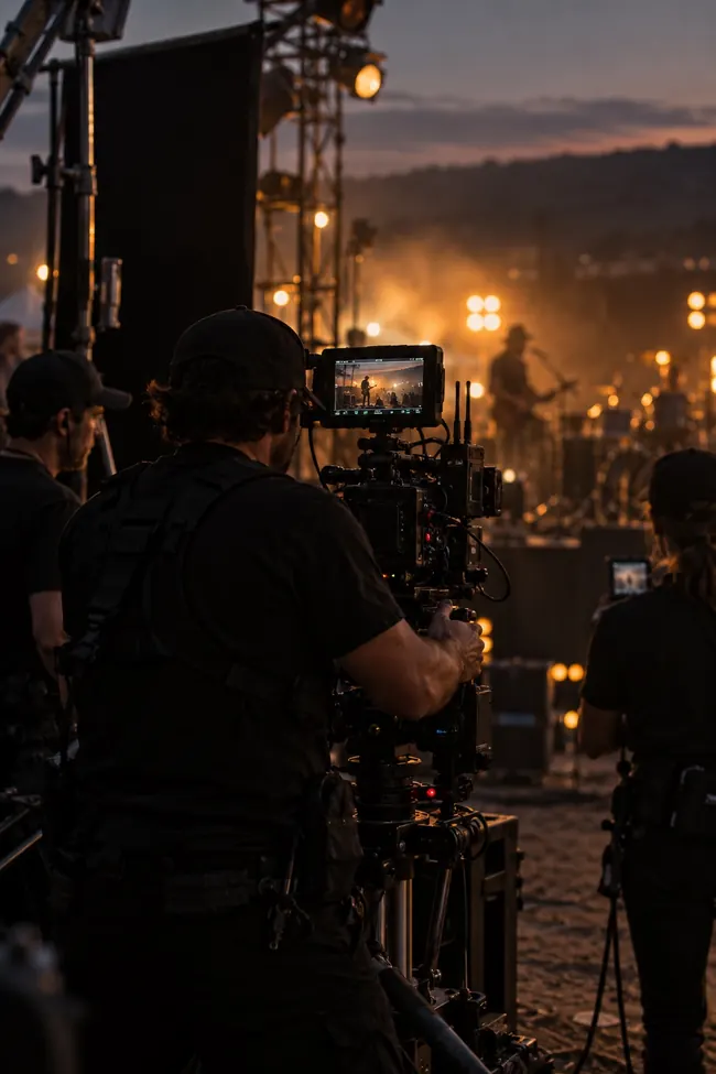 Filmcrew an einem beleuchteten Set